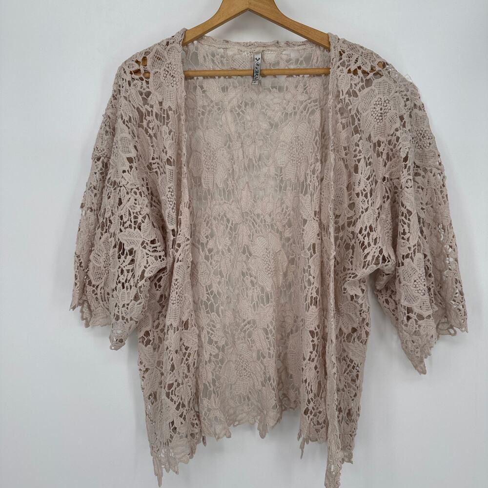 RnB Beige Floral Crochet Women's L Lace Open Front Cardigan Lace Kimono